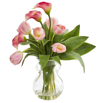 Calla Lily Tulips Artificial Arrangement in Decorative Vase - SKU #1726