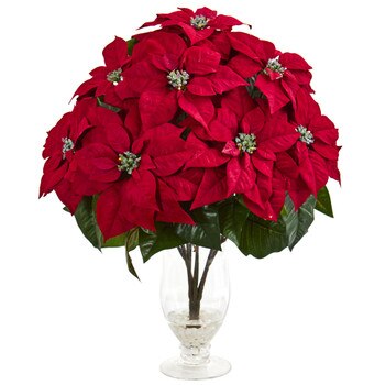Poinsettia Artificial Arrangement in Glass Vase - SKU #1727