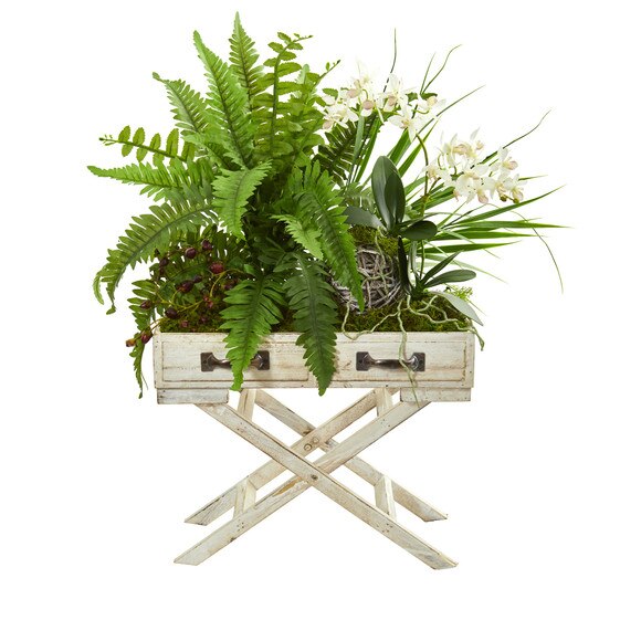 25 Phalaenopsis Orchid Fern and Mixed Greens Artificial Arrangement in Drawer Planter - SKU #1734