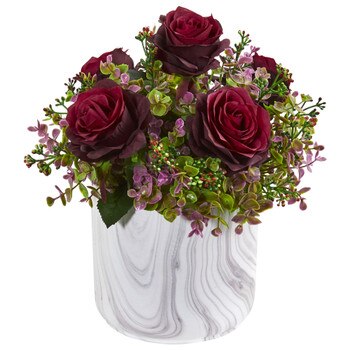 13 Roses Eucalyptus Artificial Arrangement in Marble Finished Vase - SKU #1756-BG
