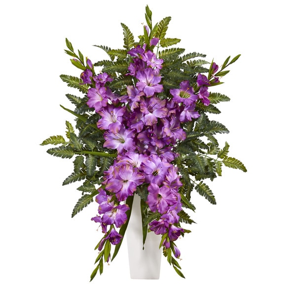 Gladiolas Fern Artificial Arrangement in White Vase - SKU #1760-WH - 2