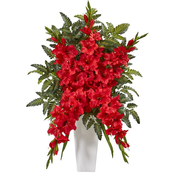 Gladiolas Fern Artificial Arrangement in White Vase - SKU #1760-WH