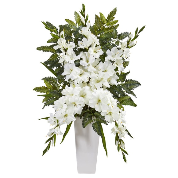 Gladiolas Fern Artificial Arrangement in White Vase - SKU #1760-WH - 1