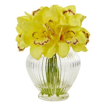 Cymbidium Orchid Artificial Arrangement in Glass Vase - SKU #1802-YL
