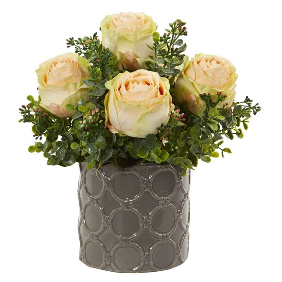 11 Roses and Eucalyptus Artificial Arrangement in Designer Vase - SKU #1821 - 1