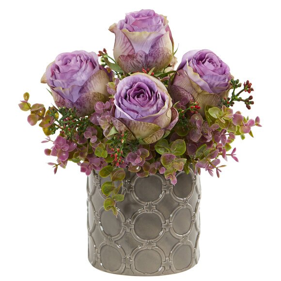 11 Roses and Eucalyptus Artificial Arrangement in Designer Vase - SKU #1821