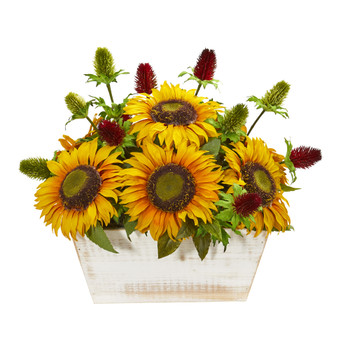 Sunflower and Thistle Artificial Arrangement in White Wash Planter - SKU #1829
