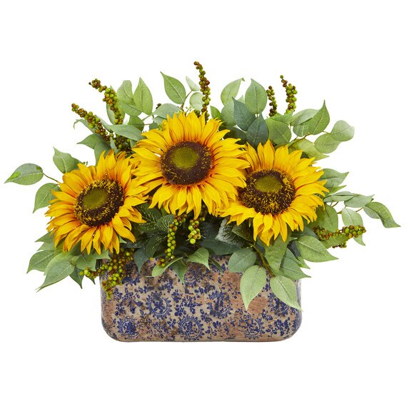 Sunflower and Mixed Greens Artificial Arrangement in Vase - SKU #1842
