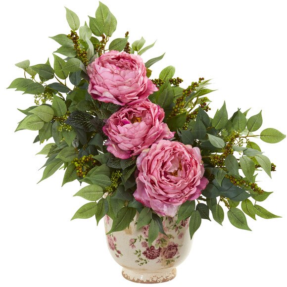 Peony and Mixed Greens Artificial Arrangement in Vase - SKU #1843-PK