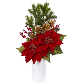 Poinsettia Berry Artificial Arrangement in White Vase - SKU #1871