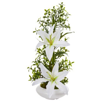 Lily and Boxwood Artificial Arrangement in White Planter - SKU #1876-WH