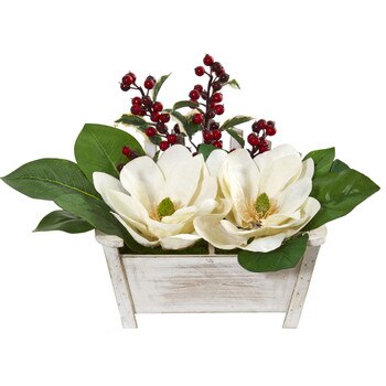Magnolias and Berries Artificial Arrangement in Chair Planter - SKU #1882