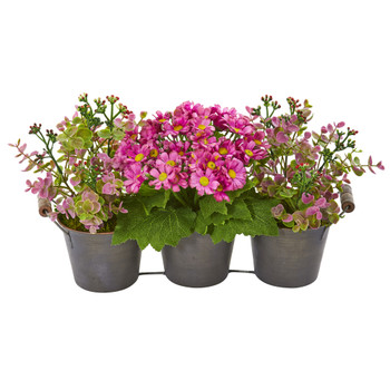 Triple Potted Daisy and Eucalyptus Artificial Arrangement in Metal Planter - SKU #1892