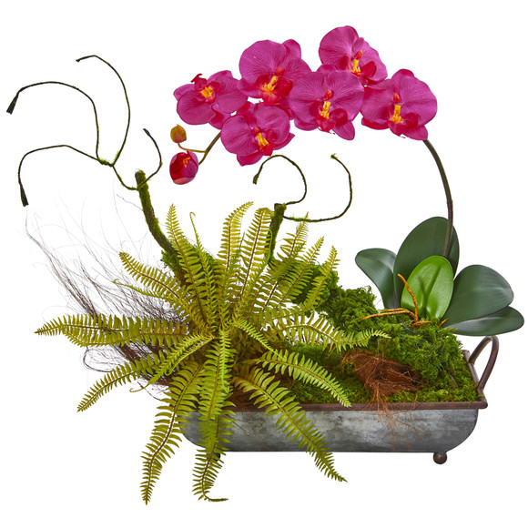 Phelaenopsis Orchid and Fern Artificial Arrangement in Metal Tray - SKU #1893