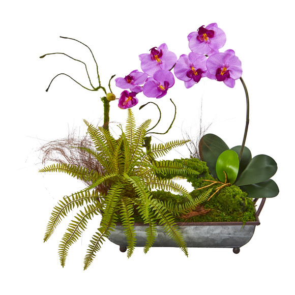 Phelaenopsis Orchid and Fern Artificial Arrangement in Metal Tray - SKU #1893-MA