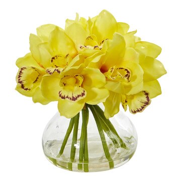 Cymbidium Orchid Artificial Arrangement in Glass Vase - SKU #1912-YL