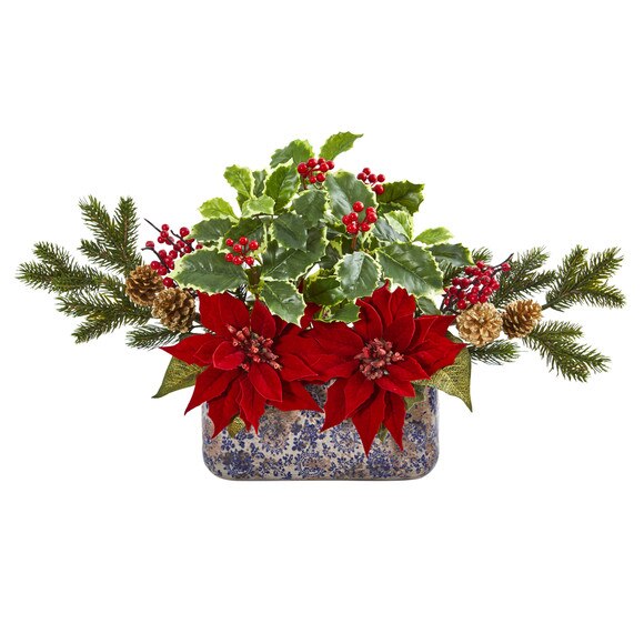Poinsettia Berry and Holly Artificial Arrangement in Vase - SKU #1918