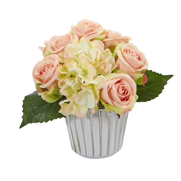 Rose and Hydrangea Bouquet Artificial in White and Silver Trimmed Vase - SKU #1926