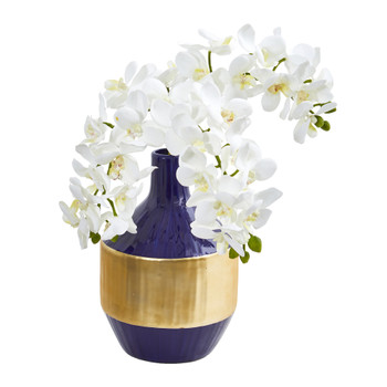 Phalaenopsis Orchid Artificial in Blue and Gold Designer Vase - SKU #1936