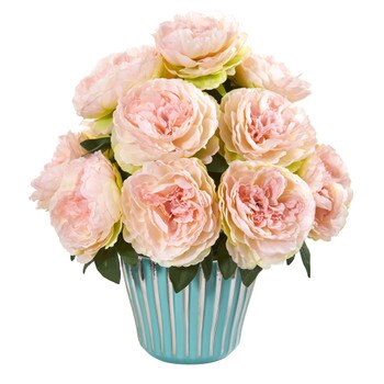 Peony Artificial Arrangement in Turquoise Vase - SKU #1944-PK