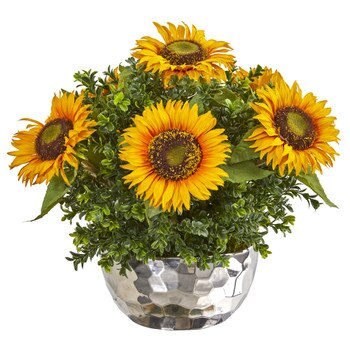 Sunflower Artificial Arrangement in Silver Vase - SKU #1960