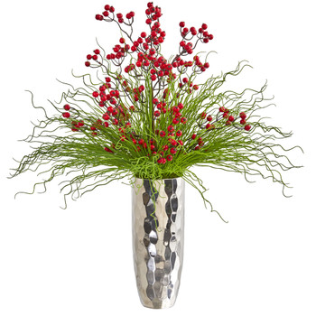 Berry and Grass Artificial Arrangement in Silver Vase - SKU #1966