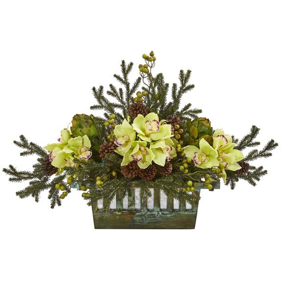 Cymbidium Orchid Artichoke Pine and Berries Artificial Arrangement - SKU #1975