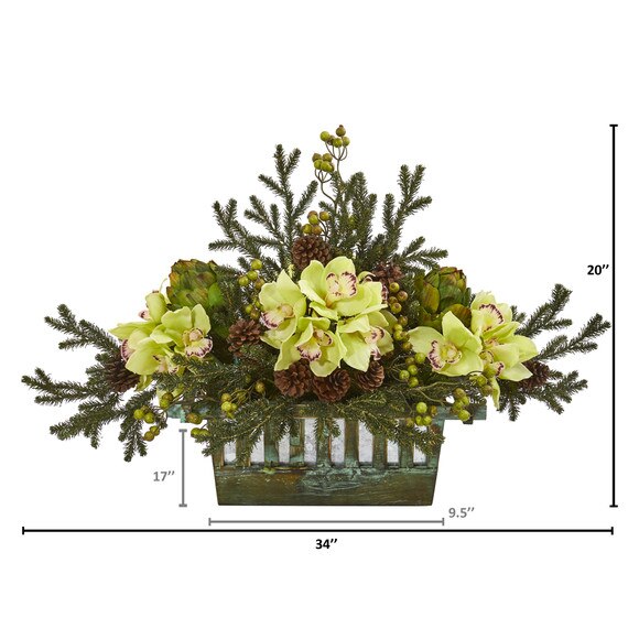 Cymbidium Orchid Artichoke Pine and Berries Artificial Arrangement - SKU #1975 - 1