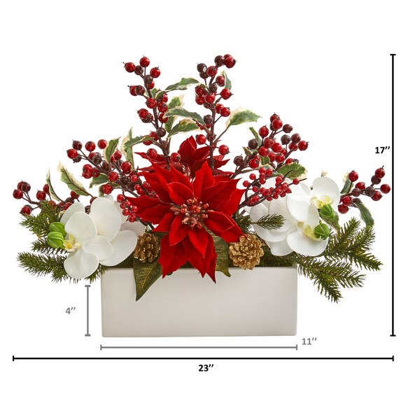 Phalaenopsis Orchid Poinsettia and Holly Berry Artificial Arrangement - SKU #1976 - 1