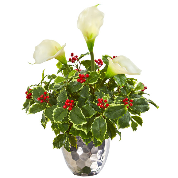 Calla Lilly and Holly Leaf Artificial Arrangement in Silver Vase - SKU #1981