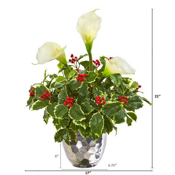 Calla Lilly and Holly Leaf Artificial Arrangement in Silver Vase - SKU #1981 - 1