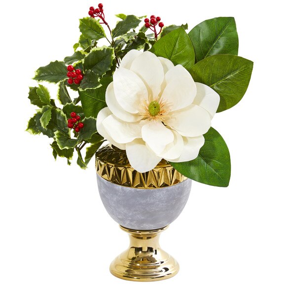 Magnolia and Holly Leaf Artificial Arrangement in Stoneware Urn - SKU #1984