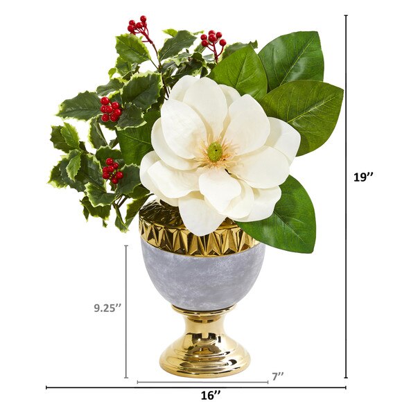 Magnolia and Holly Leaf Artificial Arrangement in Stoneware Urn - SKU #1984 - 1