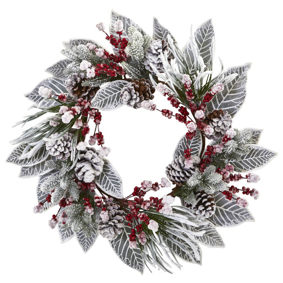 24 Snowy Magnolia Berry Artificial Wreath - SKU #4262