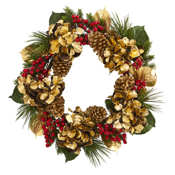 24 Golden Hydrangea with Berries and Pine Artificial Wreath - SKU #4268