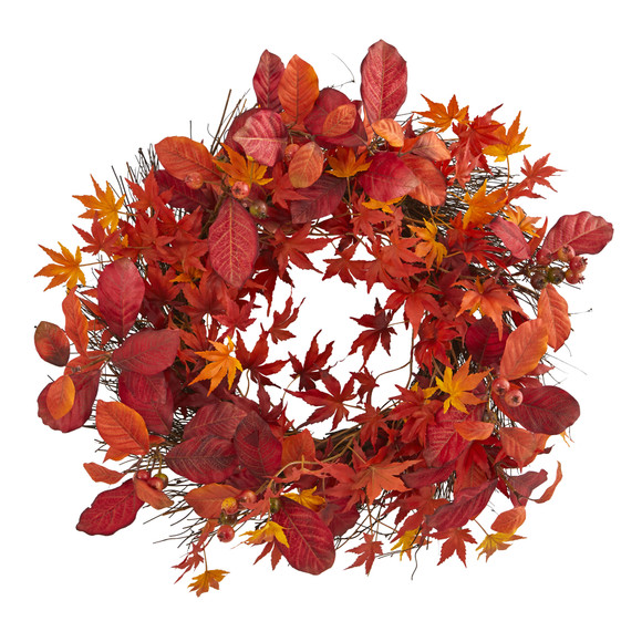 22 Japanese Maple Magnolia Leaf and Berries Artificial Wreath - SKU #4280