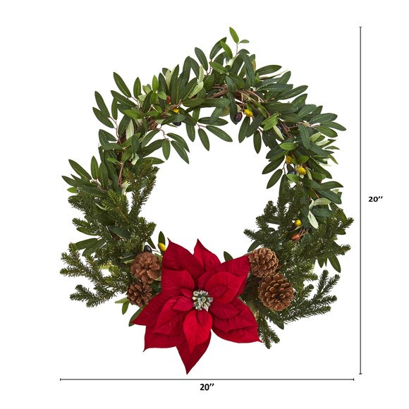 20 Olive with Poinsettia Artificial Wreath - SKU #4407 - 1