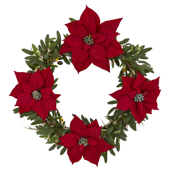21 Olive with Poinsettia Artificial Wreath - SKU #4408