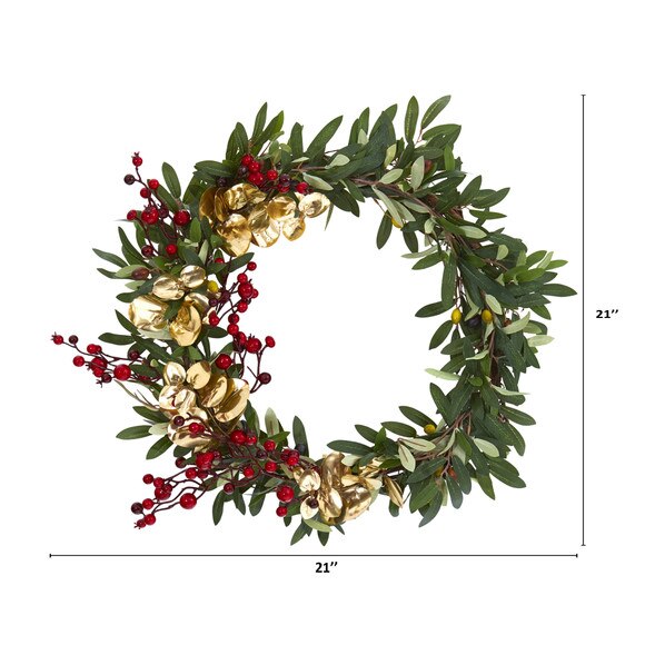 21 Olive Berries and Gold Eucalyptus Artificial Wreath - SKU #4410 - 1