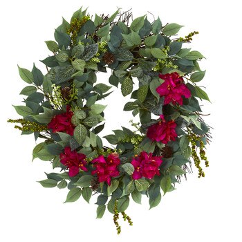 23 Mixed Greens and Bougainvillea Artificial Wreath - SKU #4412