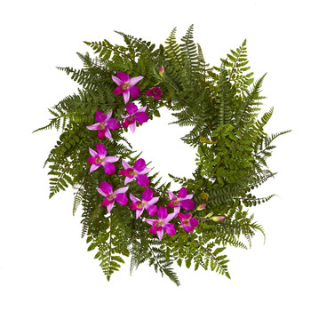24 Mixed Fern and Dendrobium Orchid Artificial Wreath - SKU #4417-PP