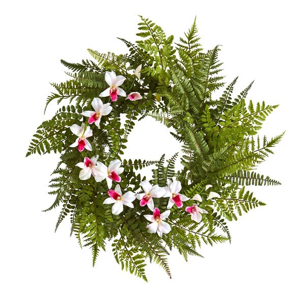 24 Mixed Fern and Dendrobium Orchid Artificial Wreath - SKU #4417