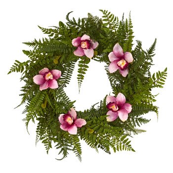 24 Mixed Fern and Cymbidium Orchid Artificial Wreath - SKU #4423