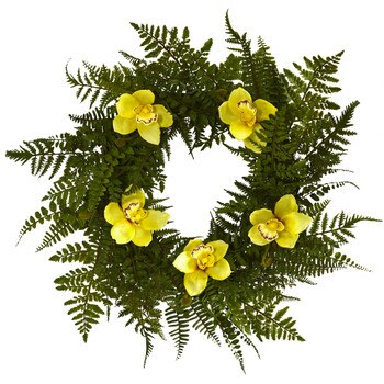 24 Mixed Fern and Cymbidium Orchid Artificial Wreath - SKU #4423