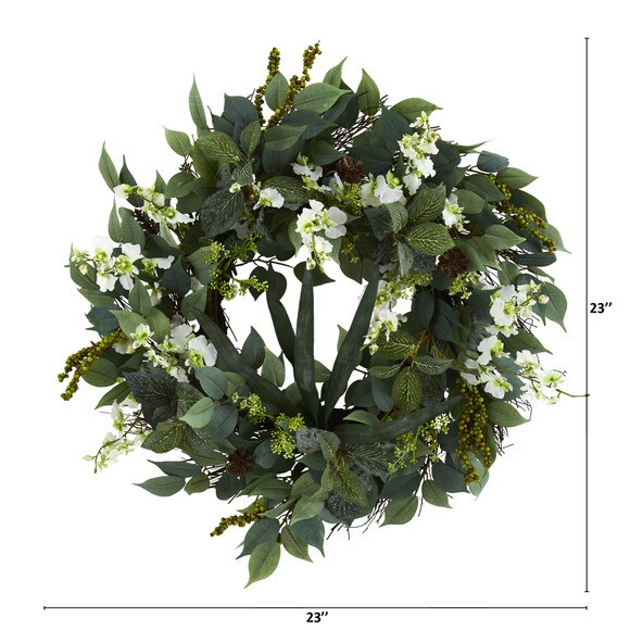 23 Mixed Greens and Dancing Lady Orchid Artificial Wreath - SKU #4424-GR - 1