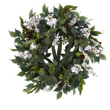 23 Mixed Greens and Dancing Lady Orchid Artificial Wreath - SKU #4424
