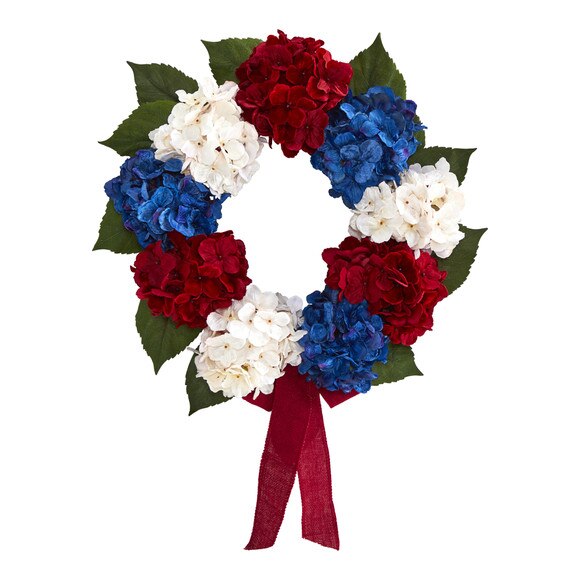 24 Red White and Blue Americana Hydrangea Artificial Wreath - SKU #4444