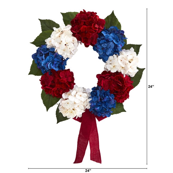 24 Red White and Blue Americana Hydrangea Artificial Wreath - SKU #4444 - 1