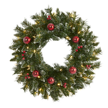 24 Frosted Artificial Christmas Wreath with 50 Warm White LED Lights Ornaments and Berries - SKU #4455