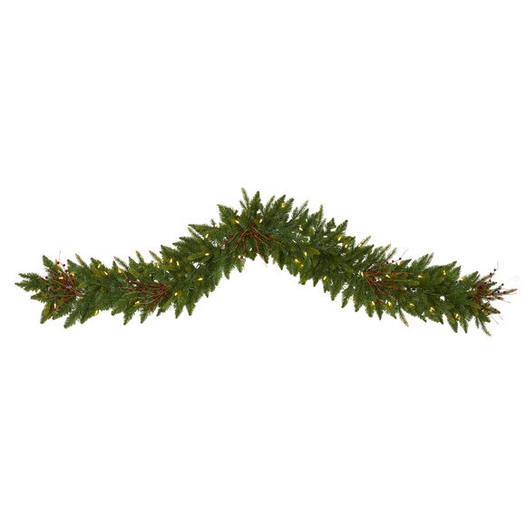 6 Christmas Pine Artificial Garland with 50 Warm White LED Lights and Berries - SKU #4466